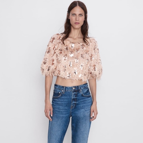 🌞NWT Zara Sequins Crop Top Balloon Sleeve Pink S - Picture 8 of 12